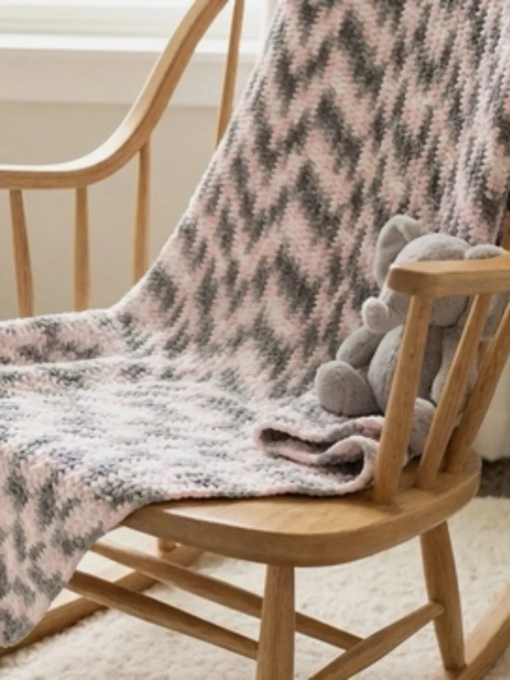 Handmade Crochet Bernat Baby Blanket Soft Heavy Plush Chenille Pink Grey White